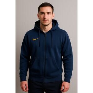 NIKE Thermal Fit yellow swoosh Blue Zip Up Hooded Hoodie size XL